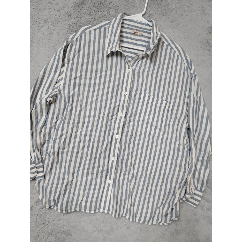 Faherty Shirt Womens Large Laguna Linen Striped Casual Button Down Blue White